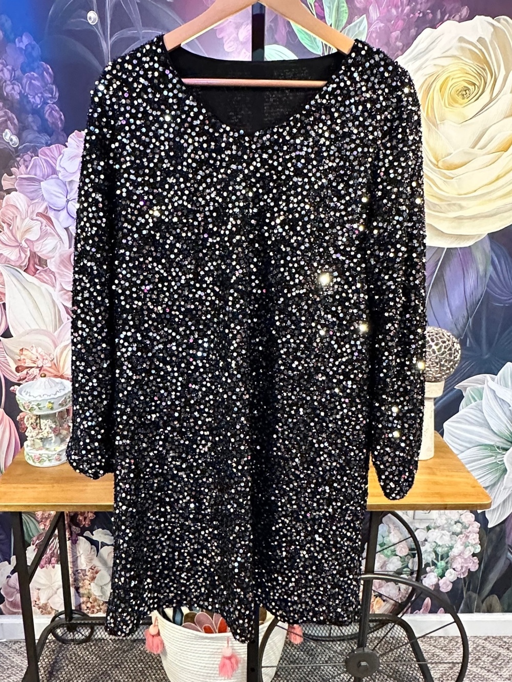 XL Black Sequin Dress Long Sleeve Y2K Party Cocktail Sparkly Festival Disco Glam